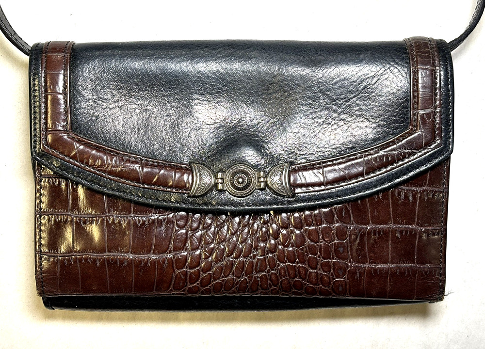 Brighton Black Brown Leather Crossbody Wallet Purse Croc Embossed